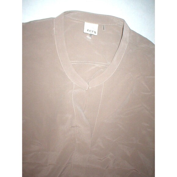 New Ecru NWT $174 Dark Tan Beige Womens Top Blouse S Silk Light Brown SS Small - Picture 6 of 9